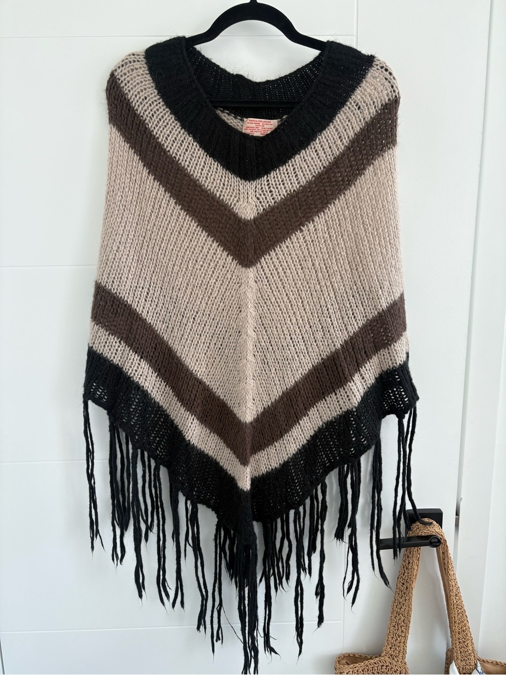 Boho Striped Fringe Knit Poncho - Beige, Brown & Black - Made in Italy